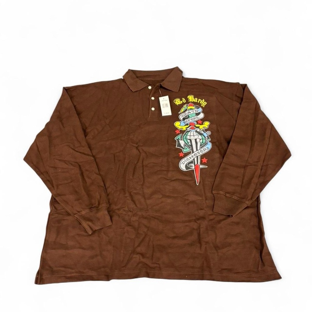 Y2K Ed Hardy Death Before Dishonor Polo Longsleeve shirt brown Tattoo Goth